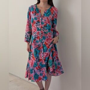 Talbot Button Up maxi dress summer floral pink red and teal